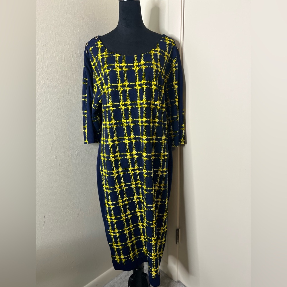 Michael K. U.S.A. Navy & Yellow Textured Plaid Dress – Size 2x